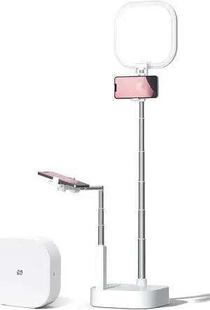 Extendable Selfie Stand,Height&Angle Adjustable,Overhead 360° Rotate,2 Phone Holders,Rechargeable Wireless Foldable 15 Brightness LED Light for Live Streaming/YouTube/Tiktok/Video/Makeup