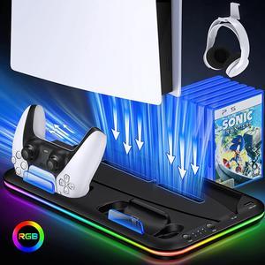 PS5 Stand with 4 Level Cooling Fan and RGB LED, Dual Fast PS5 Controller Charging Station for PS5 Digital/Disc, PS5 Accessories PS5 Cooling Station Incl. 6 Game Storage, Headset Holder, Dust Baffle