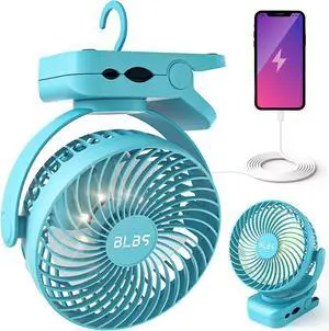 Camping Fan with LED Light - 12000mAh 65Hrs Battery Powered Fan, Portable Rechargeable Fan with Output Ports, Clip On Fan, Tent Fan for Camping, Camp Fan for Tent, Ceiling Fan for Tent RV Bed, Blue