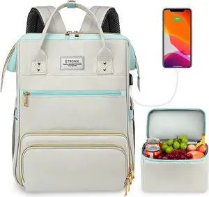 ETRONIK Lunch Backpack, 15.6 Inch Laptop Backpack with USB Port, Stylish Nurse, Teacher Work Bag with Insulated Cooler Lunch Box for Women Men/Travel, Grey Blue