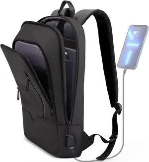 Backpack for Men Business Slim Backpack with USB Charger Computer Lightweight Anti-theft Travel Backpacks 15.6 inch Water Resistant Laptop Bag for Work Office College-Black