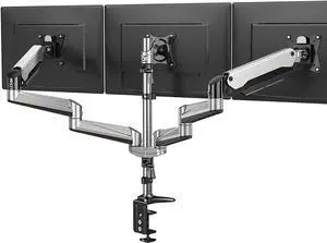 HUANUO Triple Monitor Stand - Full Motion Articulating Aluminum Gas Spring Monitor Mount Fit Three 17 to 32 inch Flat/Curved LCD Computer Screens with Clamp, Grommet Kit, Silver