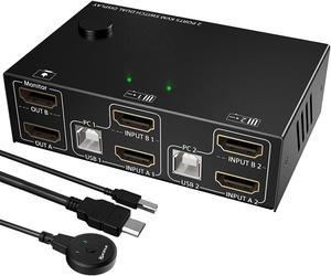 Dual Monitor HDMI KVM Switch, 2 Port HDMI 4K @30Hz Switcher, USB HDMI Extended Display KVM Switcher for 2 Computers Share 2 Monitors and 4 USB 2.0 Hub,Desktop Controller and USB Cables Included