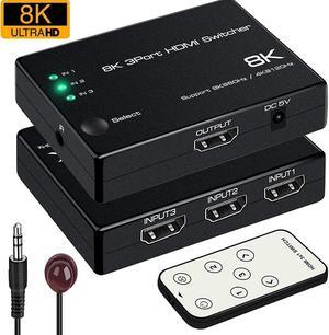 4K @120Hz 8K @60Hz HDMI 2.1 Switch 3x1, 8K 40Gbps HDMI Switch 3 in 1 Out, 8K UHD Signal Switcher, Supports HDR HDCP2.3 for Fire Stick, HDTV, PS4/5, Game Consoles with Remote Control