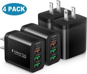 [4 Pack] USB-C QC 3.0 Wall Charger, 35W 4-Port Quick 3.0+PD 3.0 Power Adapter, USB Fast Plug Charging Block Compatible for iPhone 14/14 Pro//13/12/11, XS/XR/X, Android Smartphones, Tablet PC (Black)