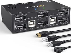 DP KVM Switch 2 PC 2 Monitors, 4K @144Hz Extended Display, 2 Ports DisplayPort KVM Switch 2 monitors for 2 computers, keyboard, mouse, printer, KVM USB Switch for 4 USB devices with DP and USB cable