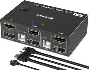 2 Port Dual Monitor Displayport HDMI KVM Switch 4K@60Hz, HDMI DP Extended Display Switcher for 2 Computers Share 2 Monitors (DP+HDMI Port) with 4 USB 2.0 Hub, Desktop Controller and USB HDMI DP Cables