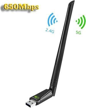 650Mbps WiFi Dongle, USB WiFi Adapter for Desktop PC, AC650 USB Wireless Network Adapter with 2.4GHz/5GHz, High Gain Dual Band 5dBi Antenna, Supports Windows XP/7/8/8.1/10/11 (Black)