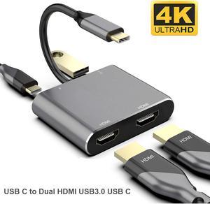 USB C Type C to Dual HDMI USB 3.0 Type-C PD Converter 4 in 1 USB C Dock Station Hub 4K Hdmi Adapter Cable for Phone Macbook Laptop TV Monitor (Gray)