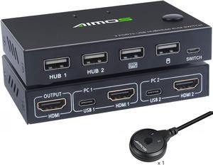 KVM Switch HDMI 2 Port Box, AIMOS USB and HDMI Switches 4 USB Hub, UHD 4K@30Hz, for 2 Computers Share Keyboard Mouse and one HD Monitor, Not support Hotkey, With HUB Ports