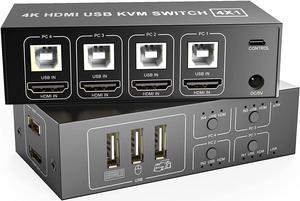 HDMI KVM Switch 4 Port, HDMI USB Switch 4 In 1 Out KVM Switch Box 4K@60Hz for 4 PC Computers Share Monitor Keyboard And Mouse With 4 USB Cables 1 Switch Cable 1 Power Cable