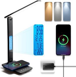 LED Desk Lamp, Desk Lamp with Wireless Charger, Suitable for Home, Office Dimmable Desk Lamp, with USB Charging Port, Built-in Clock, Calendar, Thermometer and Automatic Timing Reading Desk Lamp