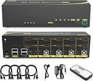 HDMI KVM Switch 4 in 2 Out Dual Monitor Extended Display 4K @60Hz 4:4:4 with Audio and USB 2.0 Hub Sharing PC Monitor Keyboard Mouse Switcher
