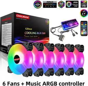 5V 6pin ARGB PC Case Fans,120mm RGB Case Fan with Fan Hub and Remote, Aura SYNC, Music Rhythm, Speed Control, Addressable Fan for Computer Case Chassis DIY Adjust Cooler (6 Case Fan+Music Controller)