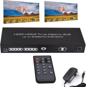 4x2 HDMI Matrix, UHD 8K @60Hz HDMI Matrix Switcher 4 in 2 Out 4K @120Hz HDR HDMI Splitter HDMI Scaler 8K 60Hz Sync, HDCP2.3 HDMI2.1 40 Gbps HDMI 2.1 Matrix 4x2 IR and Power Adapter