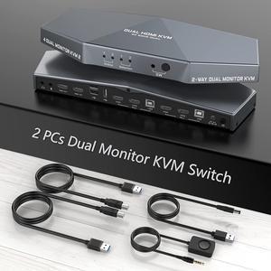 [New Model] 2 PCs Dual Monitor HDMI KVM Switch 4K, HDMI KVM Switch Dual Monitor Suitable for 2 Computers + 2 Monitors with Audio, USB Powered, Hotkey Switch, 4K Monitor hdmi Switch with Cables