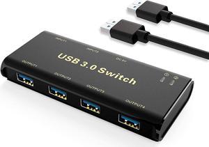 USB 3.0 Switch Selector, USB KVM Switcher Adapter 4 Port USB Peripheral Switcher Box Hub for Mouse, Keyboard, Scanner, Printer, PCs with One-Button Switch and 2 Pack USB Cable