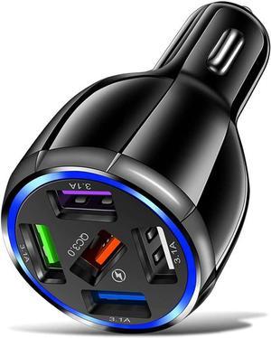 5-Port USB Car Charger, QC3.0 Fast Charging 5 USB Car Charger Adapter 15A Smart Shunt Car Phone Charger with Light, Suitable for iPhone & Android,Samsung Galaxy S10 S9 Plus