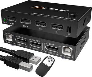 2 in 1 Out Dispplayport KVM Switch, 2 Port DP KVM Switcher with 2.0 USB Hub Support 4K @60Hz Control Up to 2 Computers for Share Keyboard, Mouse, Monitor