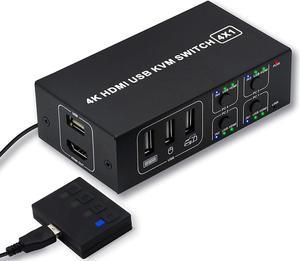 4x1 HDMI KVM Switch 4 Port,USB Switch 4 Computers Share with 1 Monitor HD 4K @60Hz One-Button Switch hdmi switch, 4 In 1 Out HDMI KVM Switcher with 4 USB Cable 1 Switch Button&Cable 1 Power Cable