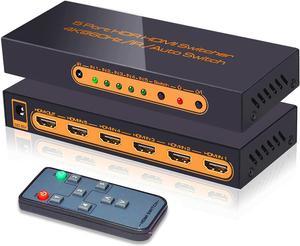 4K @60Hz Premium 5 Port HDMI Switch with Remote, 5 in 1 Out 4Kx2K HDMI Auto Switcher, 5x1 HDMI Switch Support UHD, HDR10, Dolby Vision, Atmos, YCbCr 4:4:4, HDCP2.2 and CEC (with US Power Adapter)