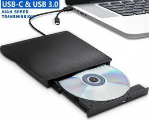 External CD DVD Drive, USB 3.0 Type-C CD/DVD Burner Portable CD DVD +/-RW Optical Drive Slim CD DVD ROM Rewriter CD/DVD Player Writer Reader for Laptop Desktop Mac-Book PC Windows Linux Mac OS (Black)