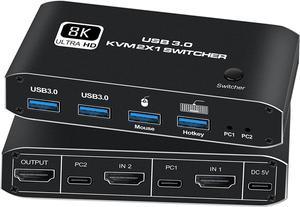 HDMI KVM Switch, 8K USB Switch 2x1 HDMI2.1 Ports + 4x USB3.0 KVM Ports, Share 2 Computers one Monitor Switch, Supports 8K @60Hz,4K 120Hz, YUV 4:4:4, HDCP 2.3, HDR 10, Hotkey