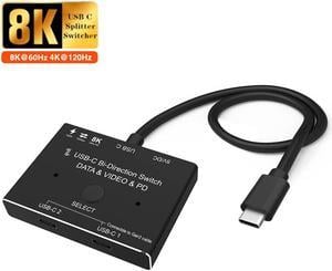 USB-C Splitter Type-C 8K Switch USB 3.1 C Gen 2 Cable for Video Bi-Direction (2 in 1 Out, 1 In 2 Out) 8K@60Hz 4K@120Hz Power Delivery 100W 10Gbps Data Transfer Multi-Function USB C Splitter Converter