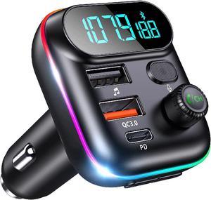 Bluetooth Adapter for Car - Wireless Bluetooth FM Radio Transmitter - Bluetooth AUX Adapter | Wireless Bluetooth 5.0 MP3 Music Player - QC3.0 + PD 20W USB Car Charger | 7 Colors LED Backlit
