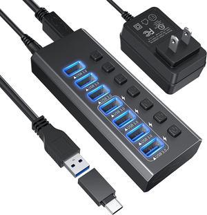 USB Hub 3.0 Powered, 7-Port Powered USB 3.0 Hub with Individual Switches & 12V Power Adapter & 39'' Long Cable USB Expander Hub Splitter for M-a-c-B-o-o-k Air Pro, All Laptops Desktops