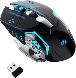 2.4G Wireless Gaming Mice, Rechargeable Gaming Mouse Silent Click with 6 Buttons, 3 Adjustable Levels DPI , Colorful LED Lights for Laptop, iPad, MacOS, PC, Windows, Android (Black)