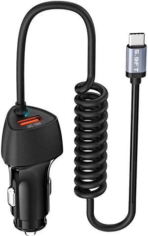 USB C Fast Car Charger 51W Dual Ports, Built-in 5.9FT Type C Phone Charger Cable, USB-C Port Charger with PPS 33W/PD 30W/&QC 18W, Compatible with IOS Android SMartphones