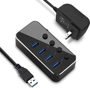 Powered USB Hub, 4 Port USB 3.0 Hub Splitter, Portable Aluminum USB Data Hub Expander with Individual On/Off Switch and Universal 5V AC Power Adapter, 3.3ft USB 3.0 Cable (Black