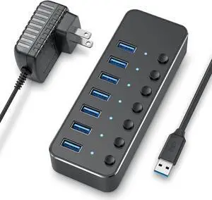 USB 3.0 Hub, 7 Port Powered USB Hub Expander Aluminum USB 3.0 Data Port hub with Universal 5V AC Adapter and Individual On/Off Switches USB Splitter for Laptop and PC (Black)