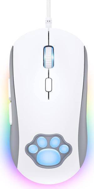 Cat Paw RGB Gaming Mouse, Silent Optical Computer Mice USB Wired Gaming Mouse with 6 Adjustable DPI Up to 7200, RGB Lighting, 6 Programmable Buttons for Windows/Vista/Linux (White)