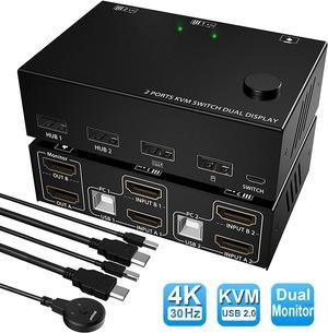 2 Port Dual Monitor HDMI KVM Switch, Dual Monitors 4K @30Hz HDMI Extended Display KVM Switcher Box for 2 Computers 2 Monitors, PC Monitor Keyboard Mouse Switcher with 2 USB 2 Cables