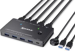 USB 3.0 KVM Switch HDMI 2 Ports 8K @60Hz 4K @120Hz HDMI 2.1 KVM Switch for 2 Computers 1 Monitor and 4 USB 3.0 Ports, HDCP 2.3, HDR 10, with Remote Controller and USB 3.0 Cables