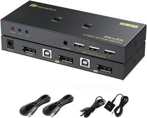 2 Port DisplayPort KVM Switch with USB 2.0 Ports, DP 1.2 4K @60Hz Display Port KVM Switcher Box for 2 Computers Sharing 1 Monitor Keyboard Mouse Peripherals Selector Box with USB Cables