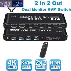 USB 3.0 2x2 4K HDMI KVM Switch, 2 in 2 Out Dual Monitor HDMI KVM Switcher 4K @60Hz 1080P @144Hz 2 PC to 2 Monitor with 2 USB 3.0 Ports and Keyboard, Mouse port for Sharing Keyboard, Mouse, U Disk