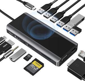 USB C Hub, 15-in-1 USB-C Hub with 4K HDMI, VGA, Wireless Charger, 1000M RJ45 Gigabit Ethernet, 7 USB (3x USB 3.0 & 4x USB 2.0), PD 100W, SD/TF & 3.5mm AUX, USB C Dock for MacBook Pro and Type C Device