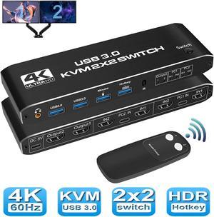 USB 3.0 HDMI KVM Switch 2 Monitors 2 Computers, 4K@60Hz Dual Monitor HDMI KVM switches 2 in 2 Out with Audio, USB 3.0 Hub Share Keyboard Video Mouse Peripherals, Hotkey,Black