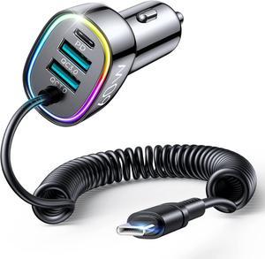 USB C Car Charger, 60W 4 Port Fast Car Charger [PD& QC3.0 Quick Charge] [Extendable Coiled Type C Cable] Multi Port Cigarette Lighter Adapter for i-Phone/Android Smartphones etc.