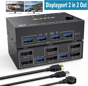 2 Port Dual Monitor DisplayPort KVM Switch 8K @30Hz 4K @60Hz, 2 in 2 Out Displayport KVM Switch for 2 PC 2 Monitors, KVM Switches with 4 USB 3.0 Ports, with DP + USB Cable and Desktop Controller