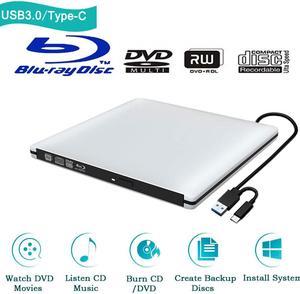 Aluminum External 3D Blu Ray CD DVD Optical Drive, USB 3.0 Type-C Blu-ray CD/DVD+/-RW Burner Player Writer Reader Rewriter, External CD/DVD Drive for Laptop Desktop with Windows XP/7/8/10 Mac OS