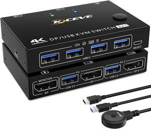 2 Ports Displayport KVM Switch Support 3440x1440 @144Hz,3840x2160 @60Hz for 2 PC 1 Monitor to Share 4 USB 3.0 Devices, USb 3.0 DP KVM Switch 2 in 1 Out Includes 2x USB 3.0 Cables and Wired Controller