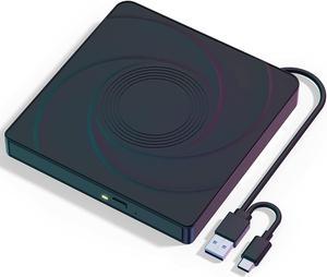 External CD/DVD Drive for Laptop, USB 3.0 & Type-C Mute CD Burner, Portable CD DVD +/-RW Drive Optical Drive Players Readers, Compatible with Desktop MacBook Notebook with Windows Linux OS (Black)