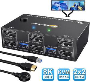 8K USB 3.0 Displayport KVM Switch 2 Computers 2 Monitors, 8K @30Hz 4K @144Hz Dual Monitor Displayport 1.4 KVM Switches 2 in 2 Out with 4 USB 3.0 Port for USB Device, Wired Remote and 4 Cables Included