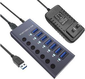 7-Port Powered USB Hub 3.0, Active USB Hub, Aluminum 7 Port USB 3.0 Hub with 7 USB 3.0 Data Transfer Ports, USB Splitter with Independent Switch and 36W (12V/3A) Power Adapter