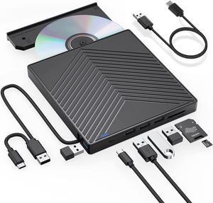 [8 in 1] External CD DVD Drive, External CD Burner USB 3.0 & Type C Optical Drive with 4 USB Ports and 2 TF/SD Card Slots, Optical Disk Drive for Laptop Mac, PC Windows 11/10/8/7 Linux OS
