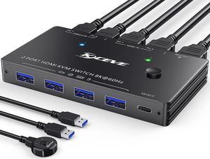 8K USB 3.0 KVM Switch HDMI 2 Port 8K @60Hz 4K @120Hz, HD-MI2.1 KVM Switch for 2 Computers Share 1 Monitor and 4 USB 3.0 Devices, HDCP 2.3, HDR 10, with Wired Remote and 2 USB 3.0 Cable